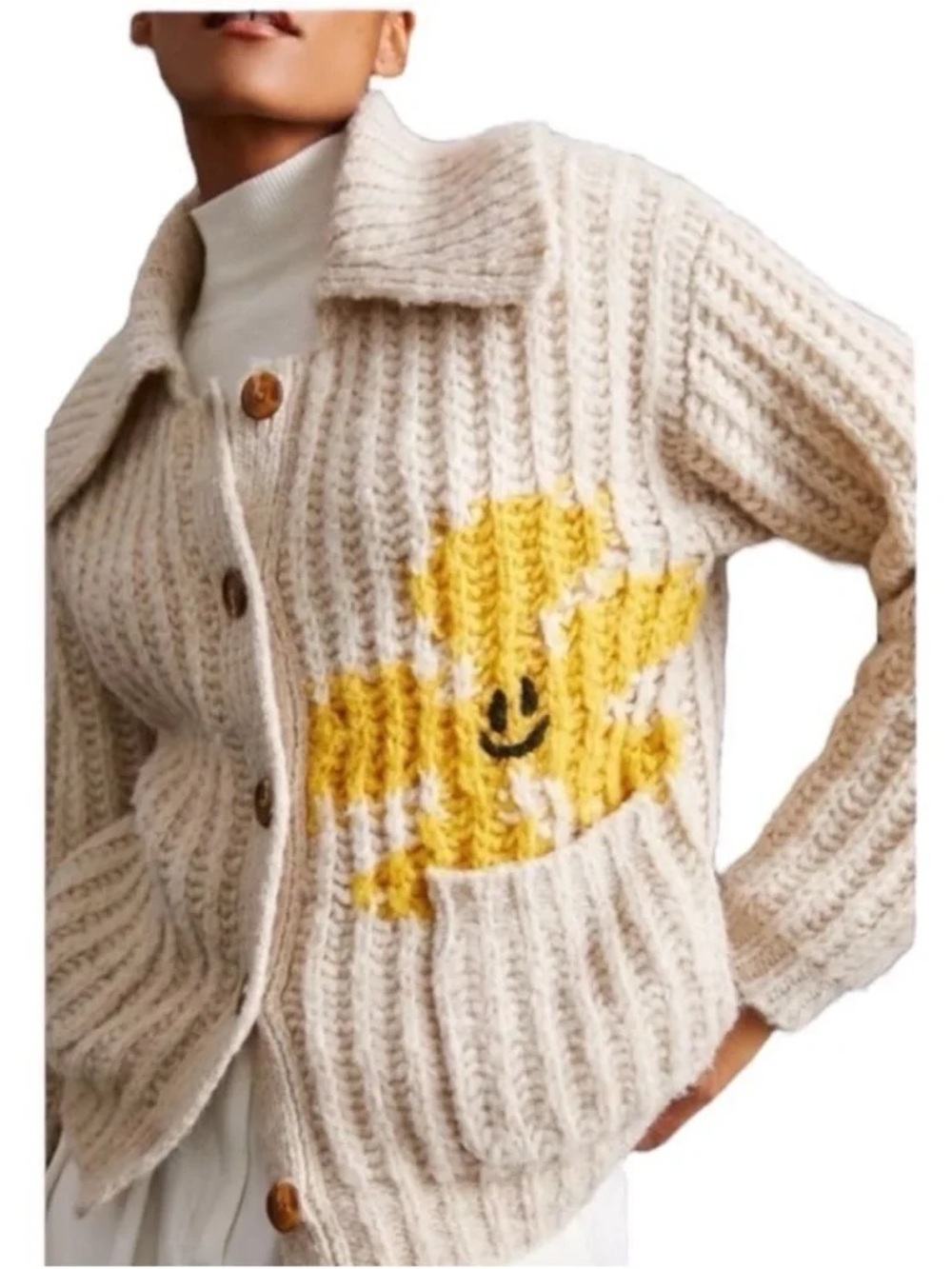 Pilcro Cream Ribbed Cardigan with Yellow Smiley Flower